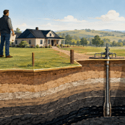 Illustration of fee simple ownership showing a man with a deed, farmhouse, pumpjack, and underground oil well.