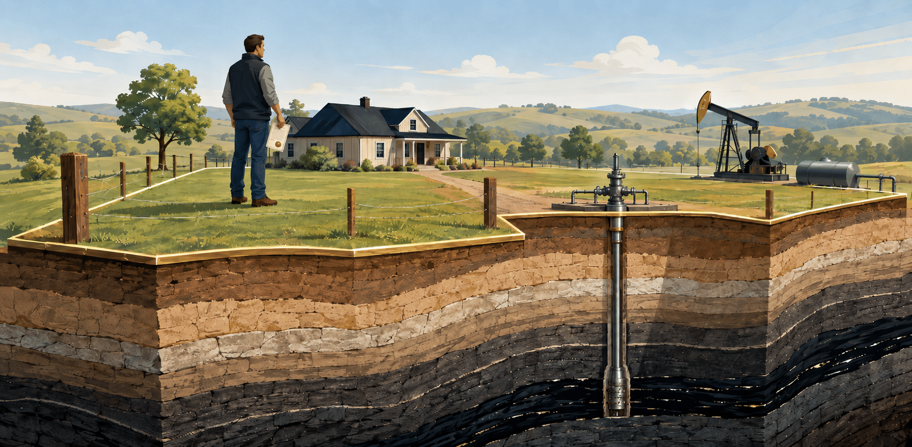 Illustration of fee simple ownership showing a man with a deed, farmhouse, pumpjack, and underground oil well.