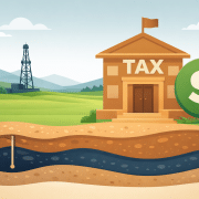 Illustration of a tax building, dollar symbol, oil derrick, and underground mineral layer for property tax on mineral rights