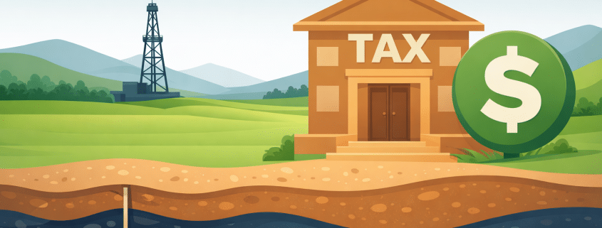 Illustration of a tax building, dollar symbol, oil derrick, and underground mineral layer for property tax on mineral rights