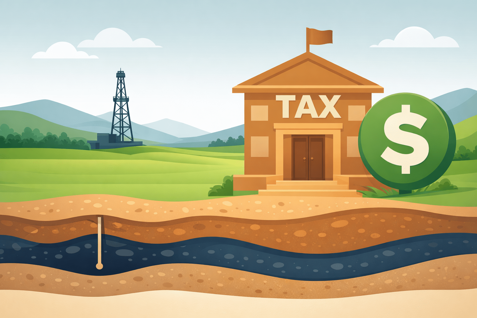 Illustration of a tax building, dollar symbol, oil derrick, and underground mineral layer for property tax on mineral rights