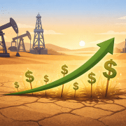 Illustration of oil pumps, dollar signs, and a rising arrow suggesting higher average price per acre for mineral rights.