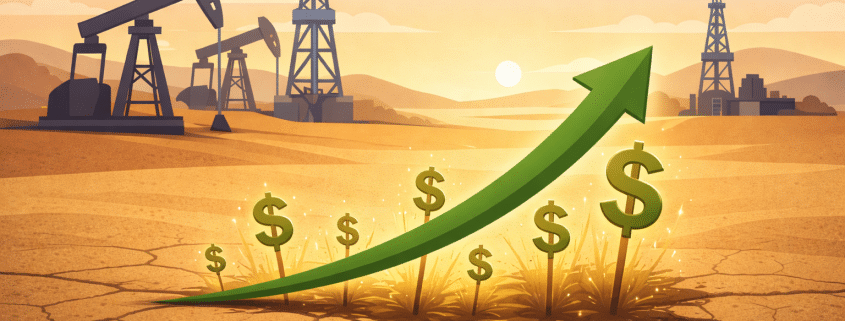 Illustration of oil pumps, dollar signs, and a rising arrow suggesting higher average price per acre for mineral rights.