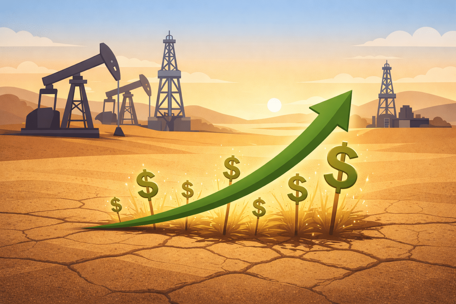 Illustration of oil pumps, dollar signs, and a rising arrow suggesting higher average price per acre for mineral rights.