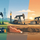 Illustration of oil pumpjacks across a day-to-night landscape with an underground decline chart, barrels, coins, and graph