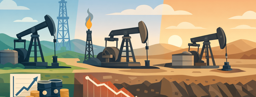 Illustration of oil pumpjacks across a day-to-night landscape with an underground decline chart, barrels, coins, and graph