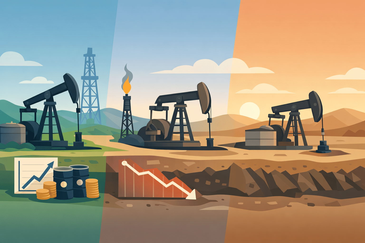 Illustration of oil pumpjacks across a day-to-night landscape with an underground decline chart, barrels, coins, and graph