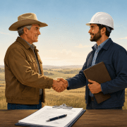 Illustration of an oil and gas lease bonus payment agreement, with a landowner and worker shaking hands at an oil field