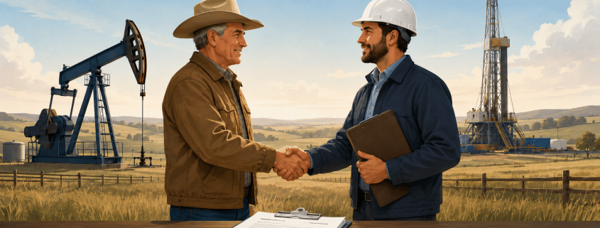 Illustration of an oil and gas lease bonus payment agreement, with a landowner and worker shaking hands at an oil field
