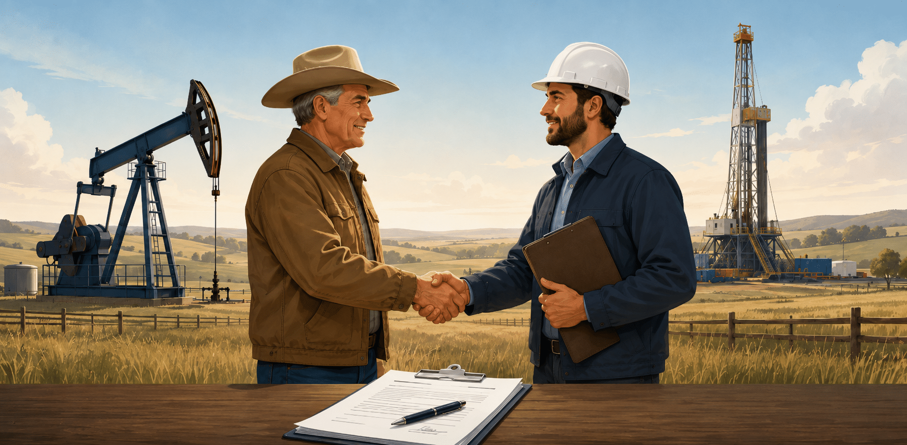 Illustration of an oil and gas lease bonus payment agreement, with a landowner and worker shaking hands at an oil field
