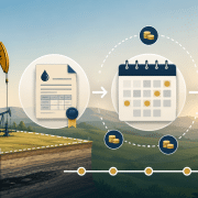 Illustration showing when oil and gas royalty payments are made through documents, a calendar, and a mailed check
