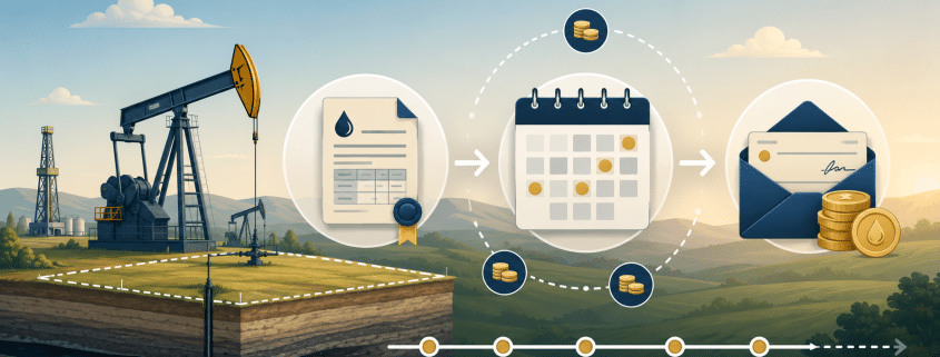 Illustration showing when oil and gas royalty payments are made through documents, a calendar, and a mailed check