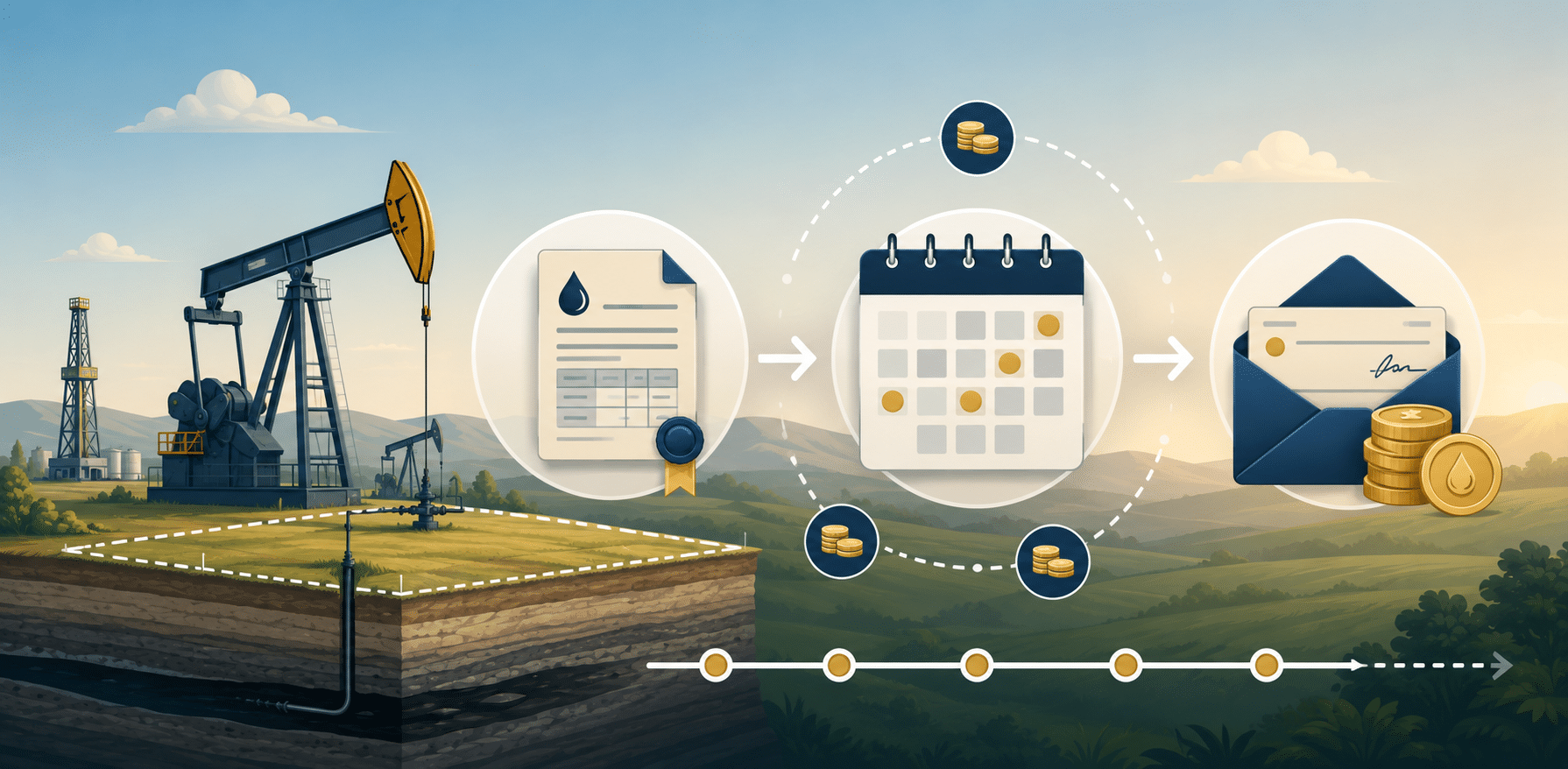 Illustration showing when oil and gas royalty payments are made through documents, a calendar, and a mailed check