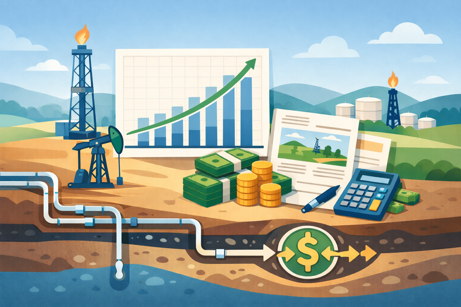 Illustration of average natural gas well production chart with pumpjack, flare stack, cash, and royalty paperwork.