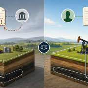 Illustration comparing fee simple defeasible vs fee simple absolute with warning and certified oilfield property scenes