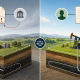 Illustration comparing fee simple defeasible vs fee simple absolute with warning and certified oilfield property scenes