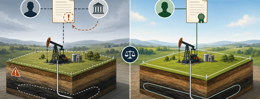 Illustration comparing fee simple defeasible vs fee simple absolute with warning and certified oilfield property scenes