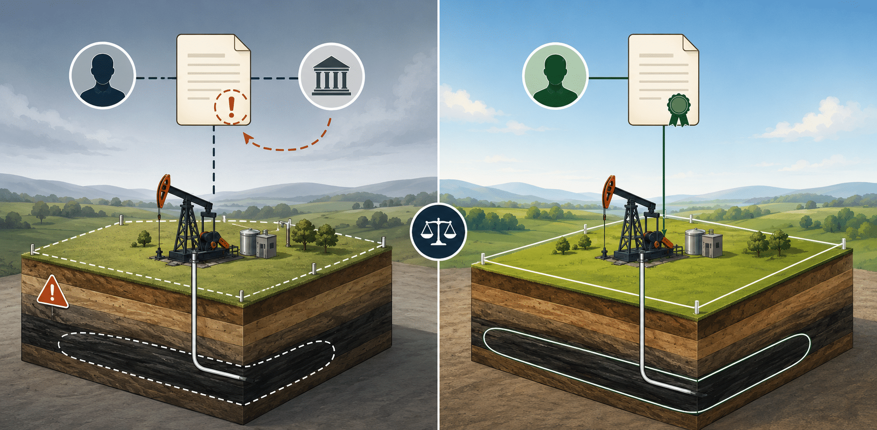 Illustration comparing fee simple defeasible vs fee simple absolute with warning and certified oilfield property scenes