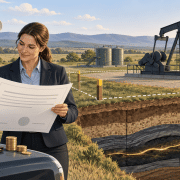 Illustration of leasing mineral rights, with a landowner and agent reviewing a document beside an oil pumpjack