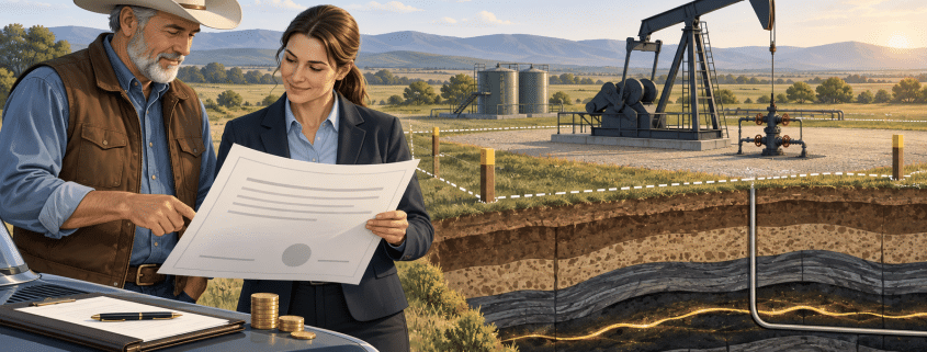 Illustration of leasing mineral rights, with a landowner and agent reviewing a document beside an oil pumpjack