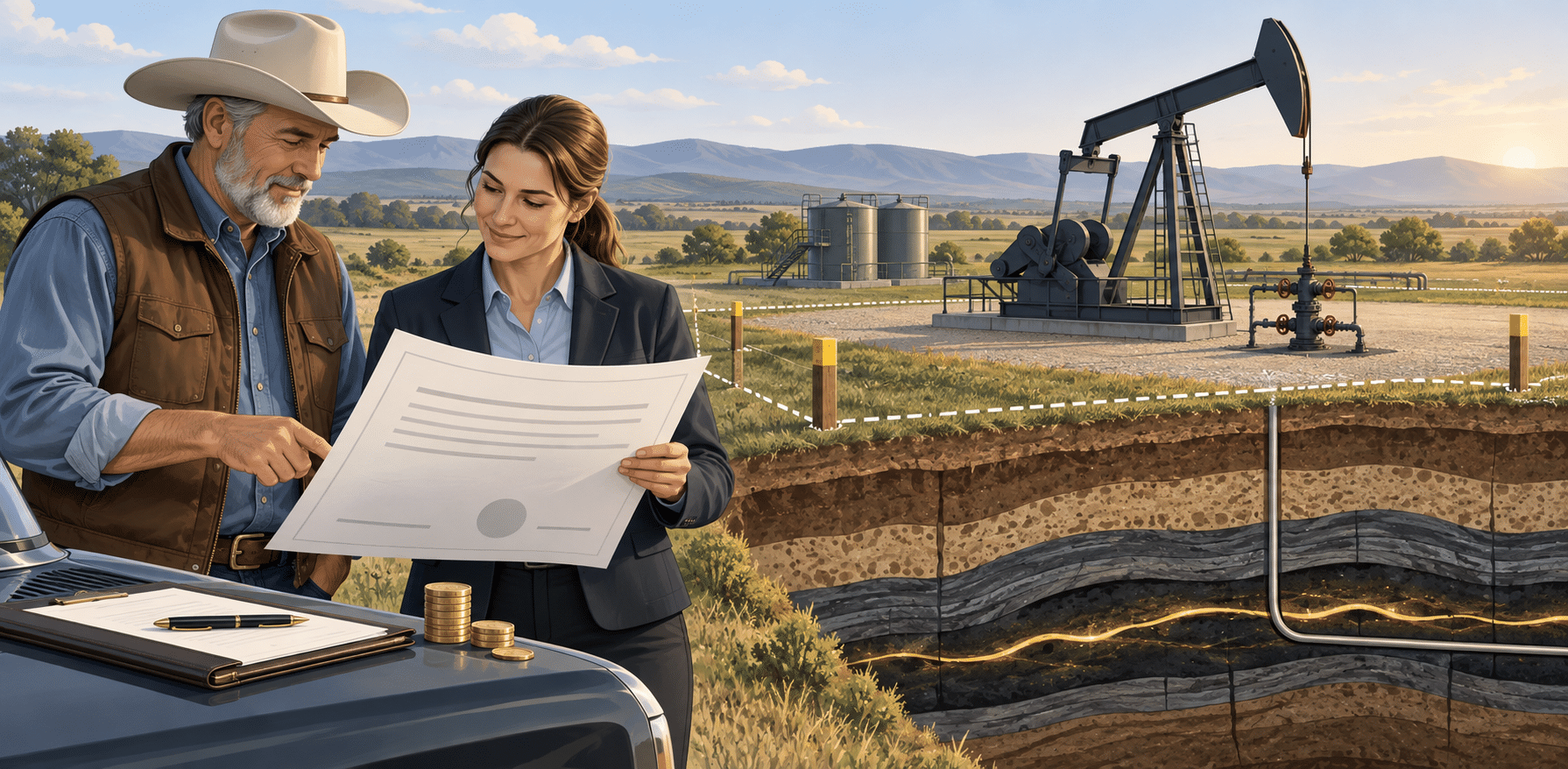 Illustration of leasing mineral rights, with a landowner and agent reviewing a document beside an oil pumpjack