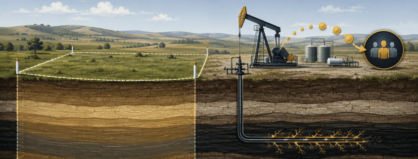 Illustration comparing net mineral acre vs net royalty acre with marked land, an oil well, coins, and owners