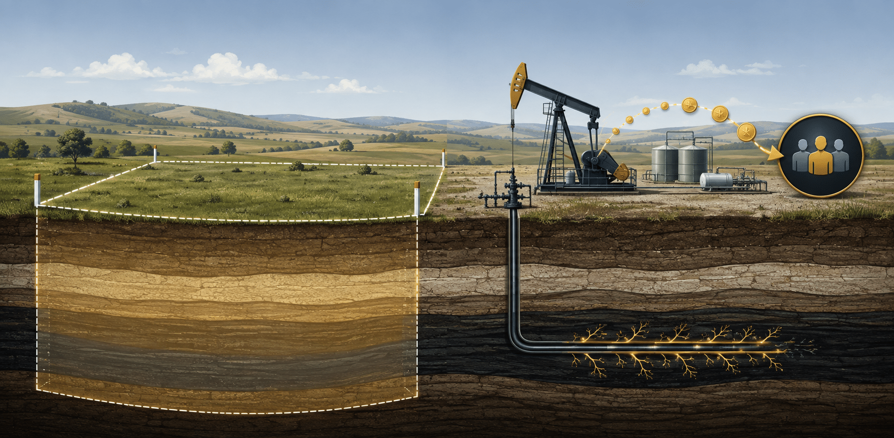 Illustration comparing net mineral acre vs net royalty acre with marked land, an oil well, coins, and owners