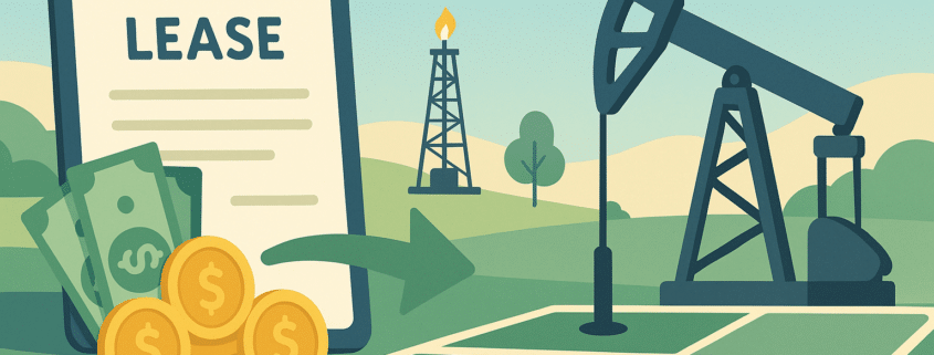 Illustration of a paid up oil and gas lease with cash, coins, and a pumpjack over a land grid.