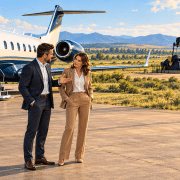 Illustration of a man and woman beside a private jet, with an oil pumpjack and storage tanks in the background.