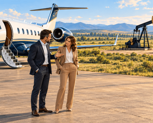 Illustration of a man and woman beside a private jet, with an oil pumpjack and storage tanks in the background.