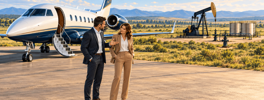 Illustration of a man and woman beside a private jet, with an oil pumpjack and storage tanks in the background.