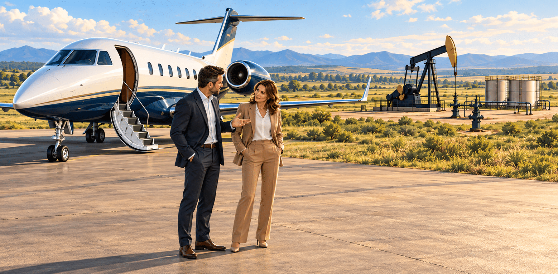 Illustration of a man and woman beside a private jet, with an oil pumpjack and storage tanks in the background.