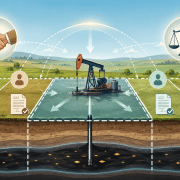 Illustration of oil and gas pooling with divided land parcels, lease documents, owners, and a central pumpjack