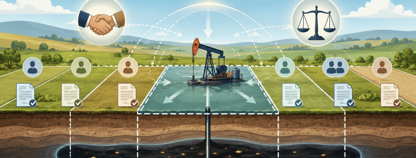 Illustration of oil and gas pooling with divided land parcels, lease documents, owners, and a central pumpjack