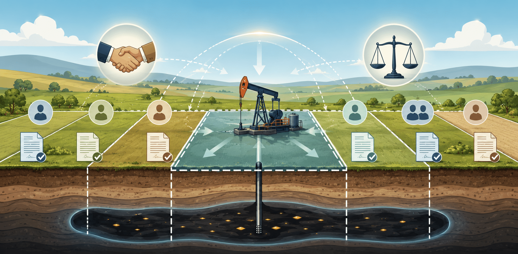 Illustration of oil and gas pooling with divided land parcels, lease documents, owners, and a central pumpjack