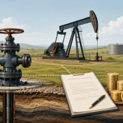 Illustration of shut in royalty with a wellhead valve, lease document, payment coins, calendar, and pumpjack