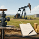 Illustration of shut in royalty with a wellhead valve, lease document, payment coins, calendar, and pumpjack