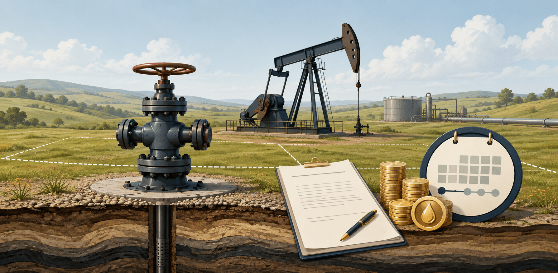 Illustration of shut in royalty with a wellhead valve, lease document, payment coins, calendar, and pumpjack