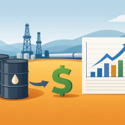 Illustration of oil barrels, dollar sign, and rising chart with pumpjacks and pipeline in background, representing wellhead price trends