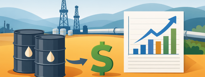 Illustration of oil barrels, dollar sign, and rising chart with pumpjacks and pipeline in background, representing wellhead price trends
