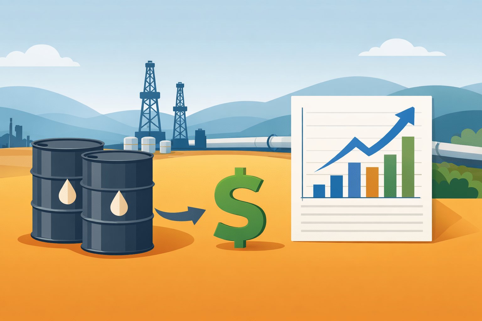 Illustration of oil barrels, dollar sign, and rising chart with pumpjacks and pipeline in background, representing wellhead price trends