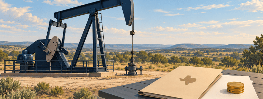 Illustration of an oil pumpjack, a folder with a Texas silhouette, papers, and stacked gold coins.