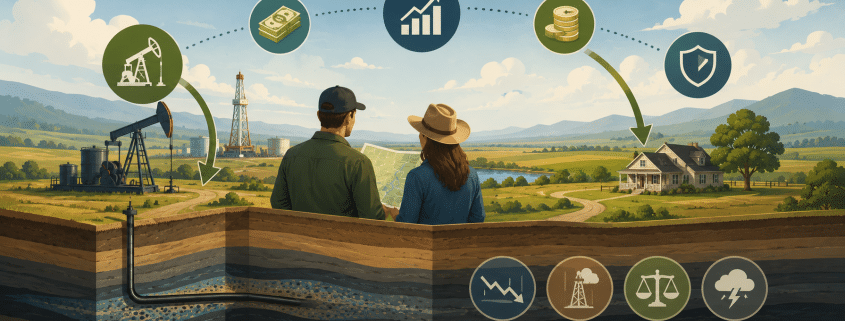 Illustration of two people reviewing a land map near oil wells, with royalty and risk icons for investing in mineral rights