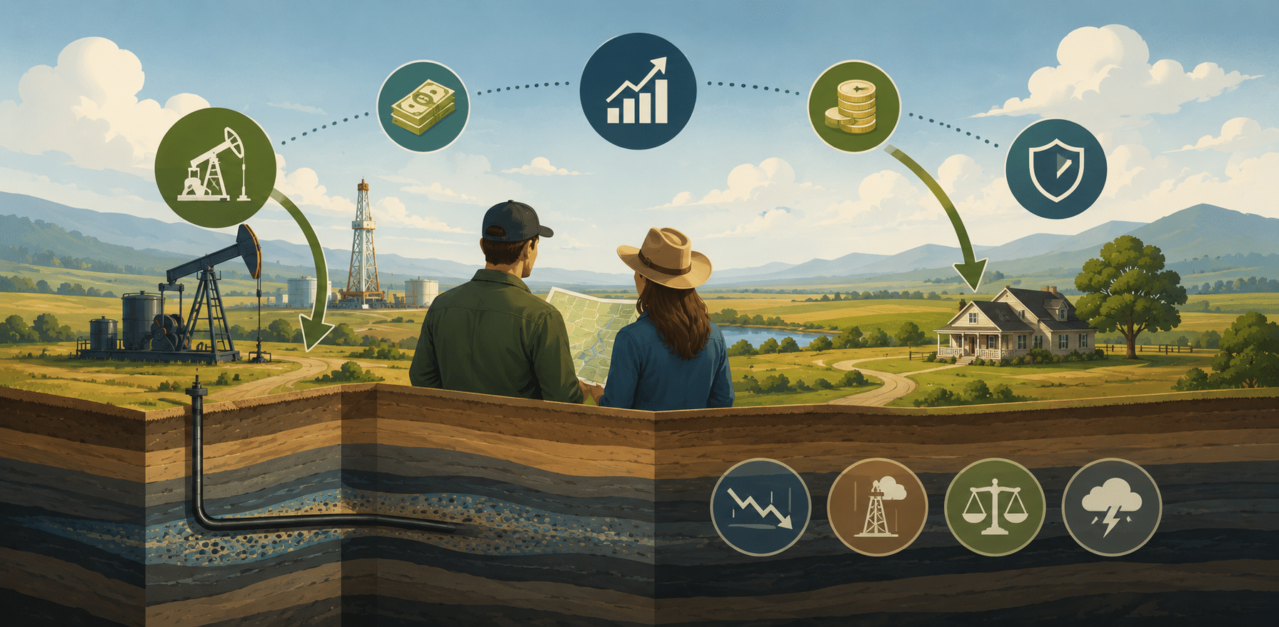 Illustration of two people reviewing a land map near oil wells, with royalty and risk icons for investing in mineral rights