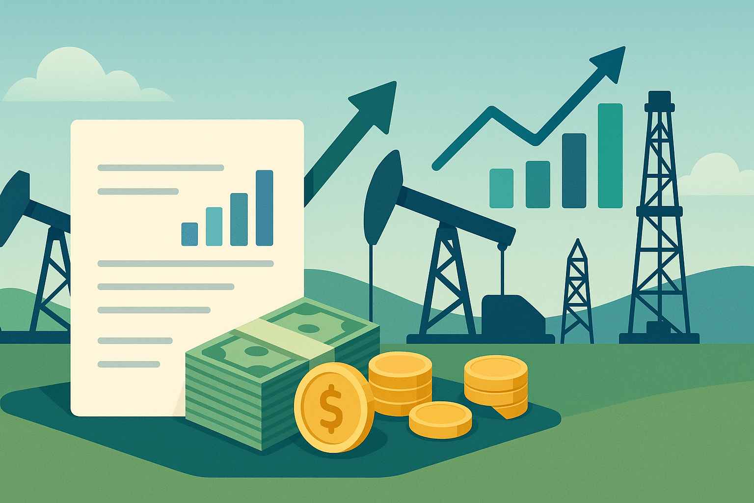 Illustration of oil pumpjacks with rising charts and stacks of cash, suggesting oil and gas royalty income.