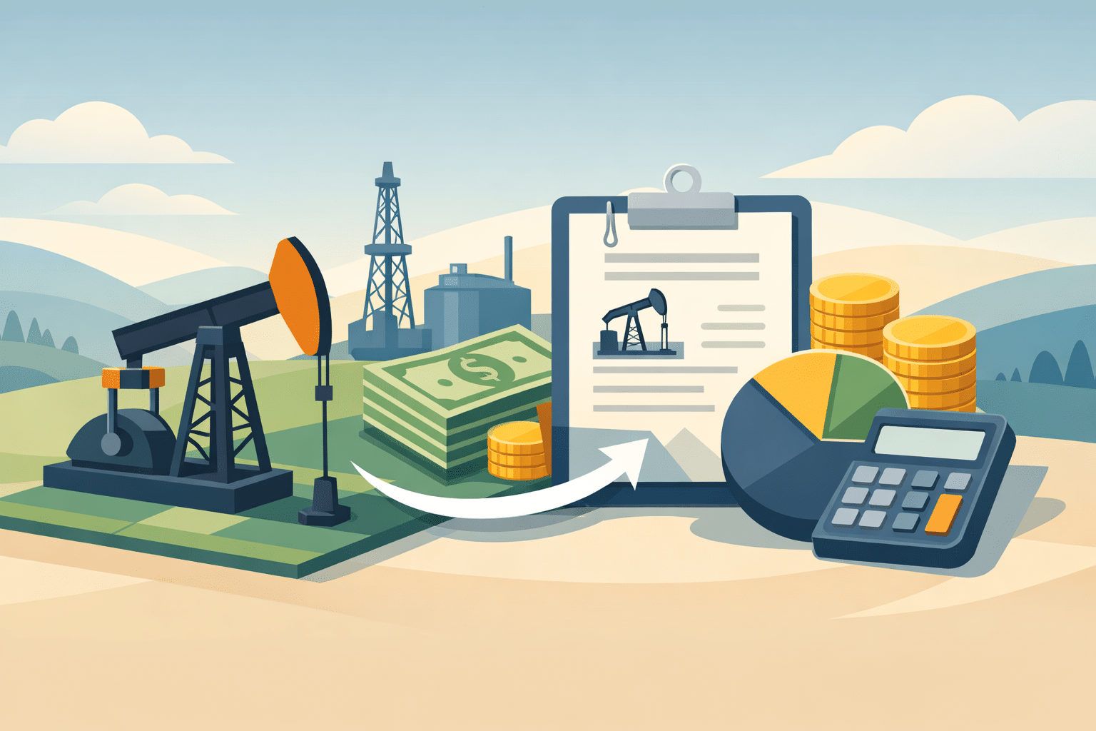 Illustration of oil pumpjack, contract, cash and calculator for how to calculate overriding royalty interest.