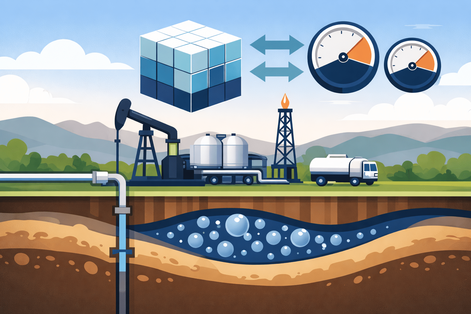 Illustration of natural gas production site with gauges, volume cube, and underground gas reservoir cross-section.