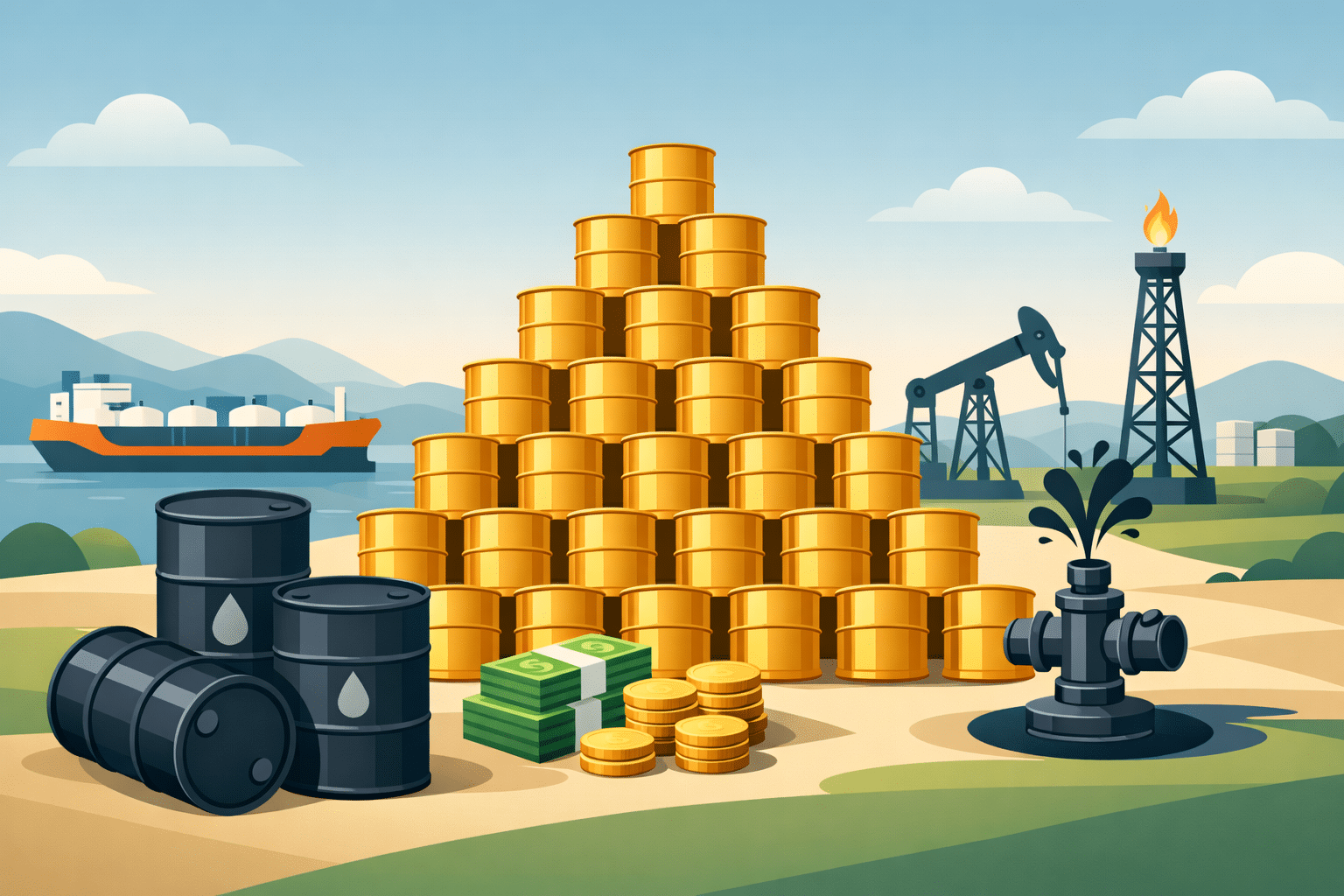 Illustration of stacked oil barrels with pumpjacks, a tanker ship, cash, and a wellhead in an oil field scene
