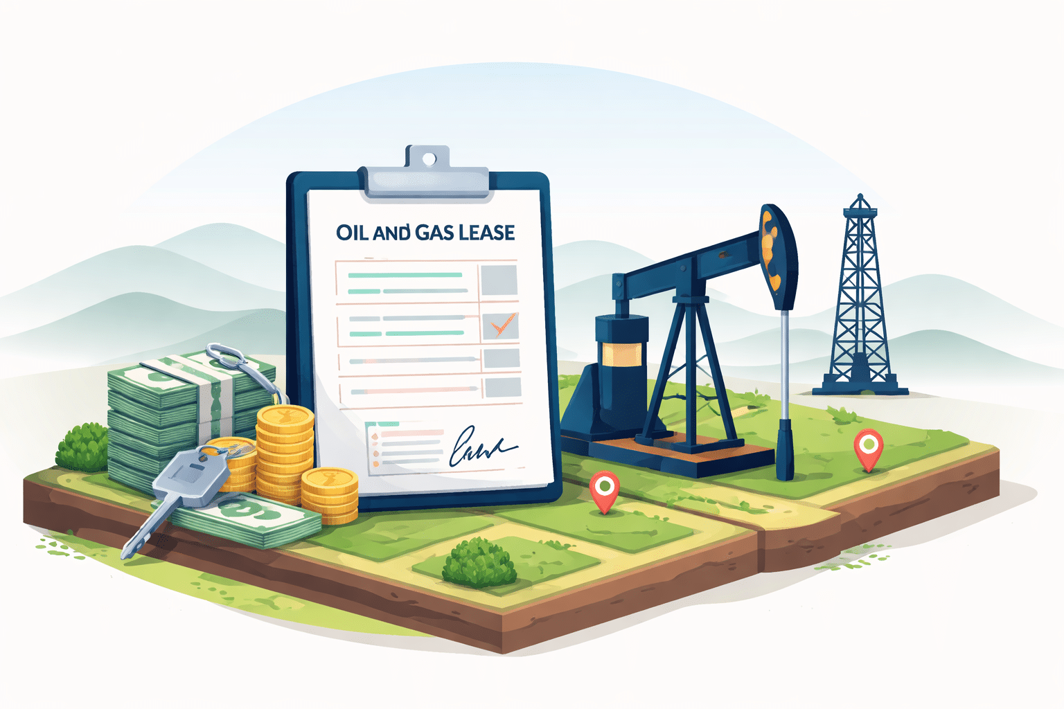 Illustration of an oil and gas lease clipboard beside cash, coins, a key, pump jack, and drilling rig on land