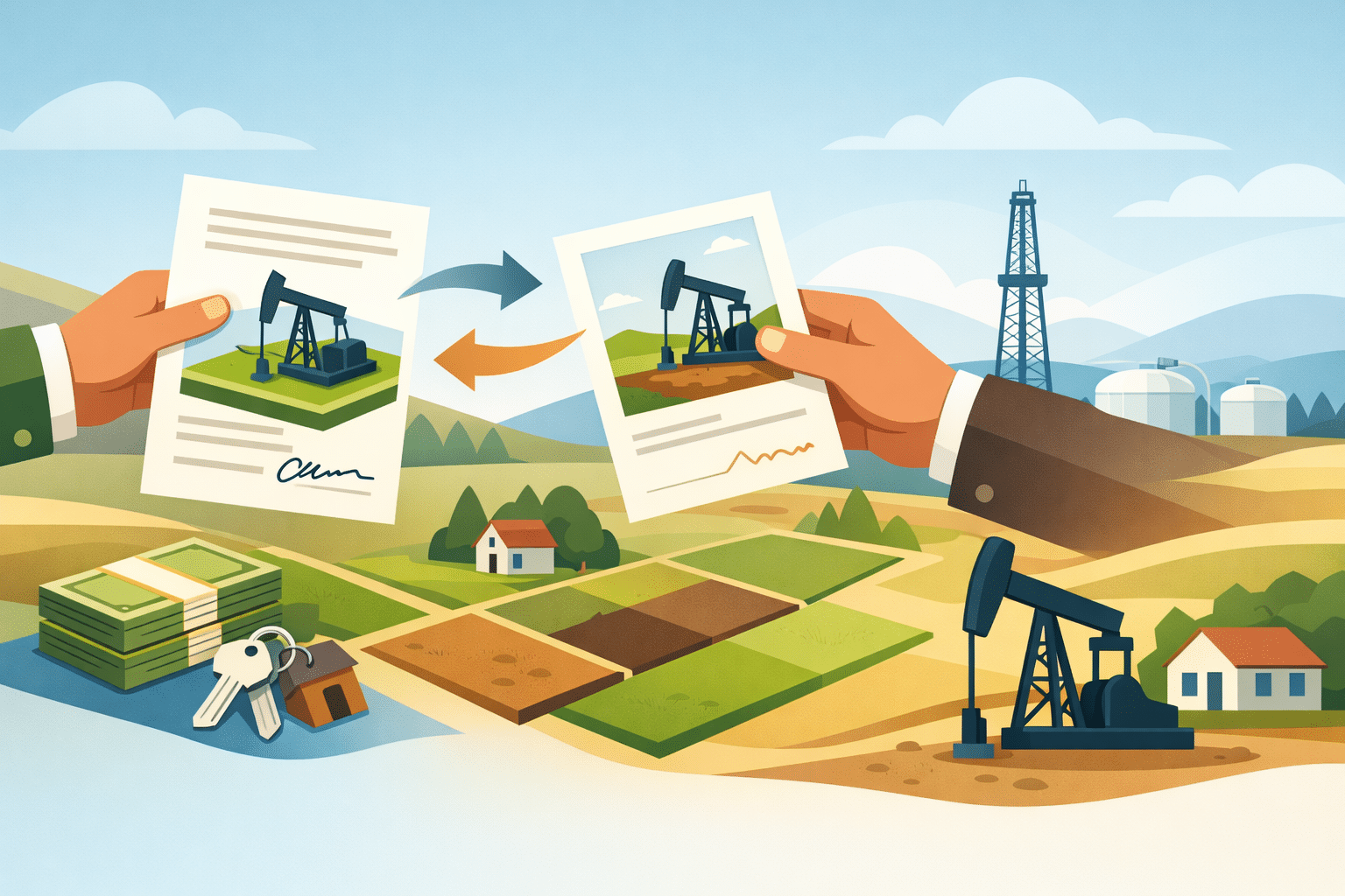 Illustration of how to transfer mineral rights with hands exchanging oil well documents over farmland, cash and keys.